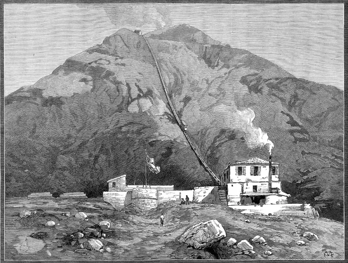 Framed Print : Opening of the railway to the top of Mount Vesuvius, 1880. Creator: Unknown