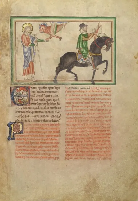 Framed Print : The Opening of the Third Seal: The Third Horseman; Dyson Perrins Apocalypse, about 1255-1260. Creator: Unknown Framed Print : The Opening of the Third Seal: The Third Horseman; Dyson Perrins Apocalypse, about 1255-1260. Creator: Unknown