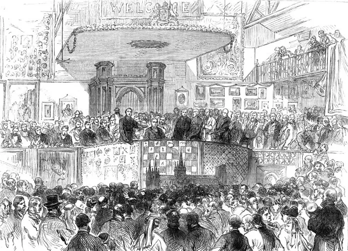 Framed Print : Opening of the South London Working Classes Industrial Exhibition, Lambeth Baths, 1869. Creator: Unknown Framed Print : Opening of the South London Working Classes Industrial Exhibition, Lambeth Baths, 1869. Creator: Unknown