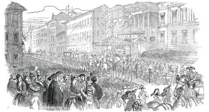Framed Print : Opening of the Spanish Cortes - the Royal Procession to the New Palace of Congress, 1850. Creator: Unknown Framed Print : Opening of the Spanish Cortes - the Royal Procession to the New Palace of Congress, 1850. Creator: Unknown