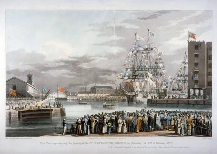 Framed Print : The opening of St Katharines Dock, London, 1828. Artist: E Duncan Framed Print : The opening of St Katharines Dock, London, 1828. Artist: E Duncan