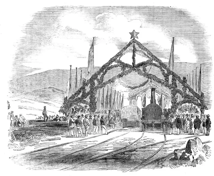 Framed Print : Opening of the Valparaiso and Santiago Railway - Train leaving the Valparaiso Station, 1856. Creator: Unknown Framed Print : Opening of the Valparaiso and Santiago Railway - Train leaving the Valparaiso Station, 1856. Creator: Unknown