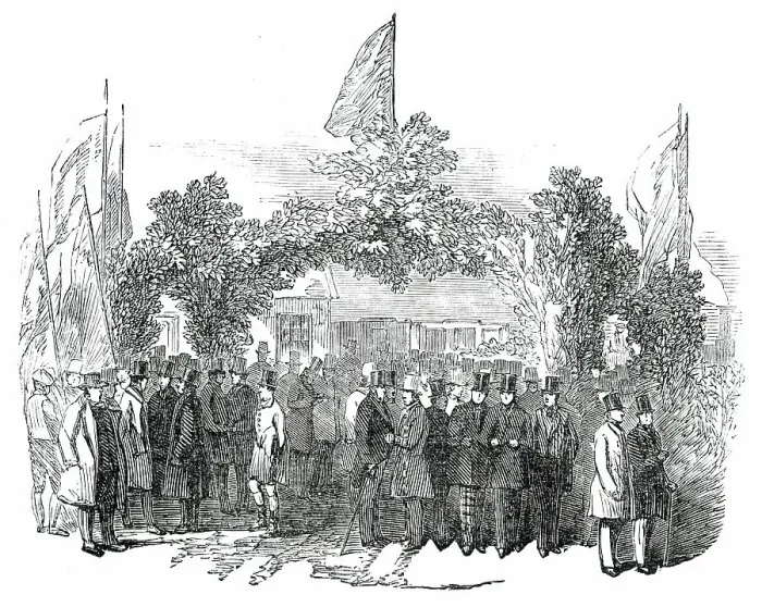 Framed Print : Opening of the Whitehaven and Furness Junction Railway - Arch at Broughton Station, 1850. Creator: Unknown Framed Print : Opening of the Whitehaven and Furness Junction Railway - Arch at Broughton Station, 1850. Creator: Unknown