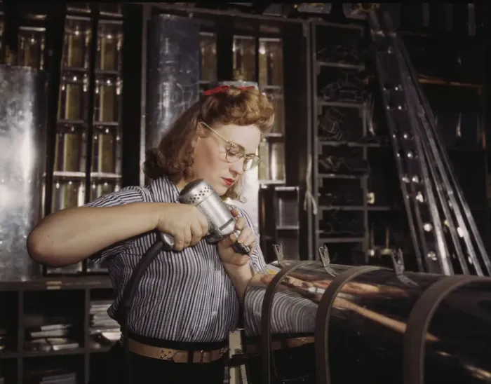 Framed Print : Operating a hand drill at North American Aviation, Inc... Inglewood, Calif. 1942. Creator: Alfred T Palmer Framed Print : Operating a hand drill at North American Aviation, Inc... Inglewood, Calif. 1942. Creator: Alfred T Palmer