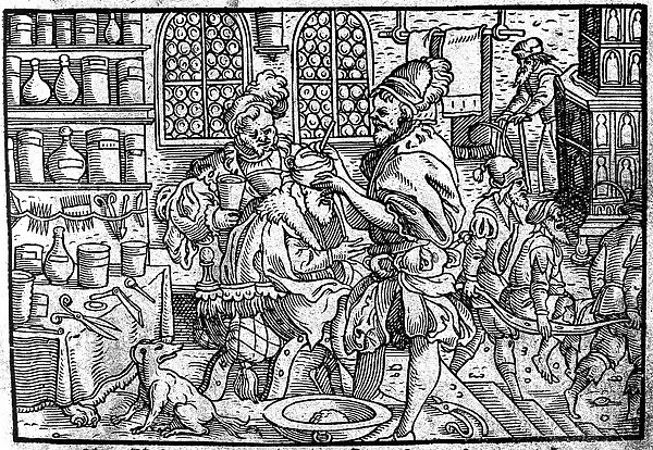 Operation on a mans head. From: Die grosze Wundarzney by Theophrastus Bombastus von Hohenheim, 1562. Artist: Anonymous