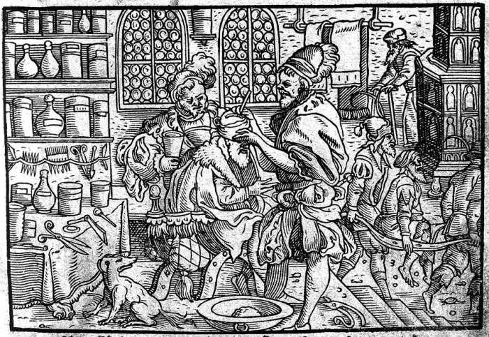 Framed Print : Operation on a mans head. From: Die grosze Wundarzney by Theophrastus Bombastus von Hohenheim, 1562. Artist: Anonymous Framed Print : Operation on a mans head. From: Die grosze Wundarzney by Theophrastus Bombastus von Hohenheim, 1562. Artist: Anonymous