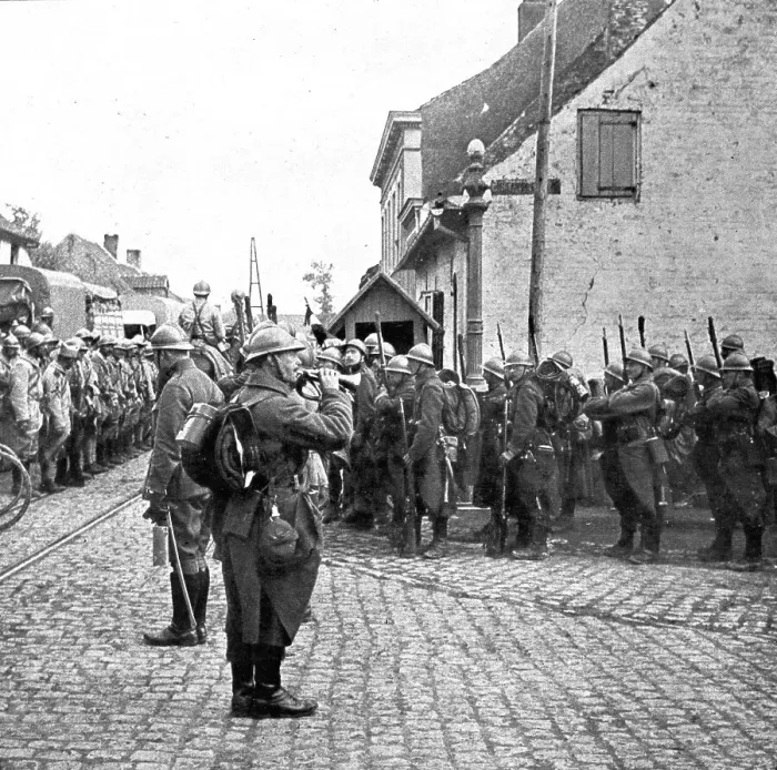 Framed Print : Operations in Flanders; Belgian troops pay honour to the flag of a French regiment... 1917. Creator: Unknown Framed Print : Operations in Flanders; Belgian troops pay honour to the flag of a French regiment... 1917. Creator: Unknown