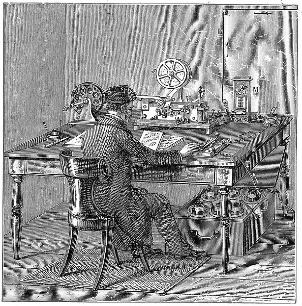 Operator sending a message on a Morse electric printing telegraph, 1887