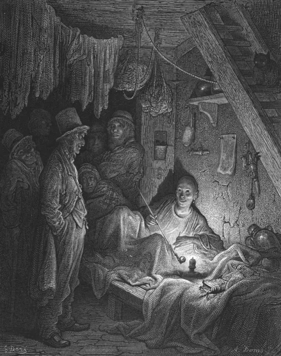 Framed Print : Opium Smoking - The Lascars Room in Edwin Drood, 1872. Creator: Gustave Doré Framed Print : Opium Smoking - The Lascars Room in Edwin Drood, 1872. Creator: Gustave Doré
