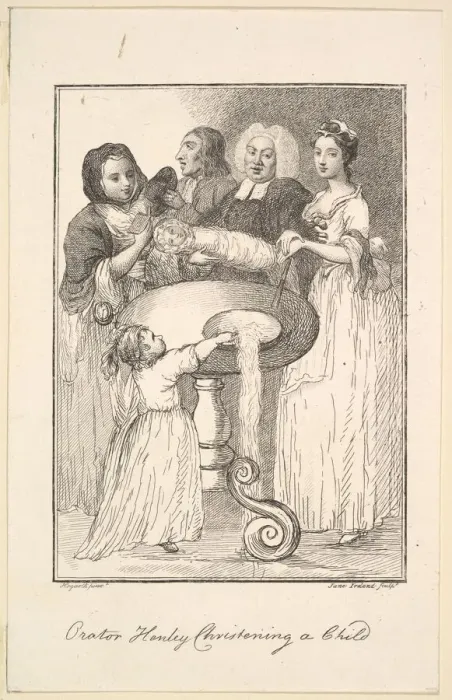 Framed Print : Orator Henley Christening a Child, 1794. Creator: Jane Ireland Framed Print : Orator Henley Christening a Child, 1794. Creator: Jane Ireland