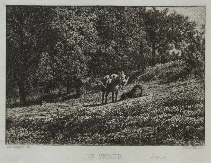 Framed Print : An Orchard. Creator: Charles-Emile Jacque (French, 1813-1894) Framed Print : An Orchard. Creator: Charles-Emile Jacque (French, 1813-1894)