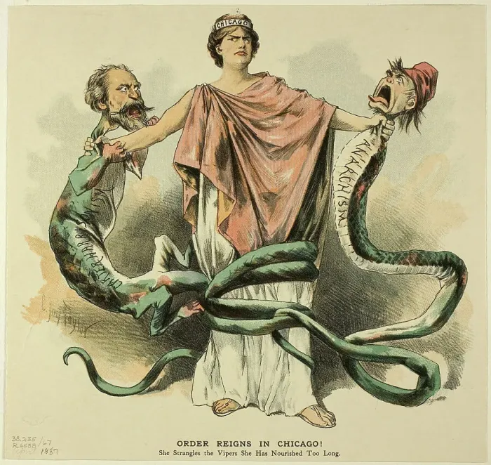 Framed Print : Order Reigns in Chicago!, from Puck, published April 18, 1887. Creator: Charles Jay Taylor Framed Print : Order Reigns in Chicago!, from Puck, published April 18, 1887. Creator: Charles Jay Taylor