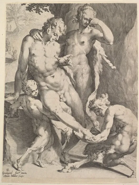Framed Print : Oreads Removing a Thorn from a Satyrs Foot, 1590. Creators: Bartholomeus Spranger Framed Print : Oreads Removing a Thorn from a Satyrs Foot, 1590. Creators: Bartholomeus Spranger