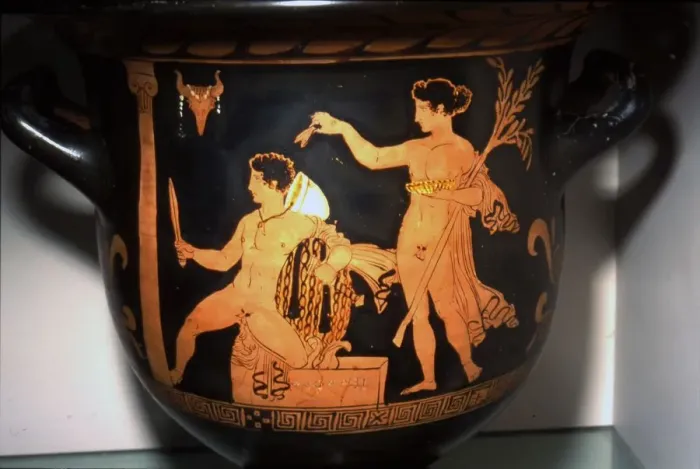 Framed Print : Orestes at Delphi with Iphigenia, Attic Red Figure Krater, c5th century BC Framed Print : Orestes at Delphi with Iphigenia, Attic Red Figure Krater, c5th century BC