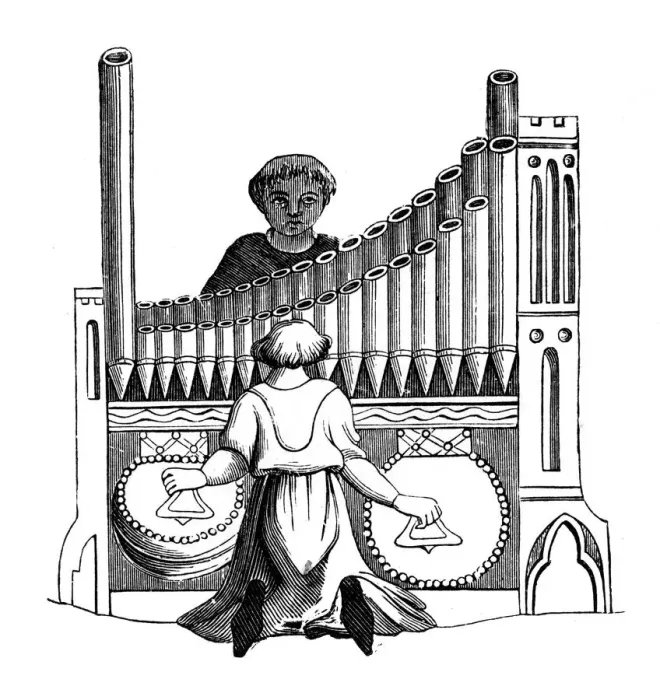 Framed Print : Organ with a single keyboard, 14th century, (1870) Framed Print : Organ with a single keyboard, 14th century, (1870)