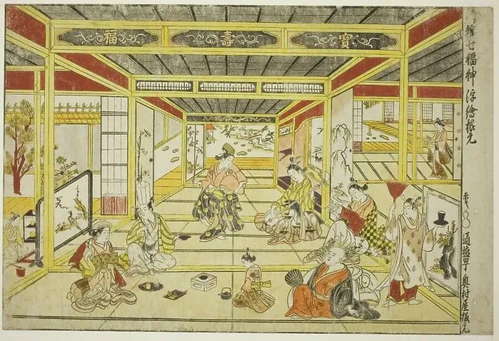 Framed Print : Original Perspective Picture of the Fashionable Seven Gods of Good Fortune (Furyu... 1740s. Creator: Okumura Masanobu) Framed Print : Original Perspective Picture of the Fashionable Seven Gods of Good Fortune (Furyu... 1740s. Creator: Okumura Masanobu)
