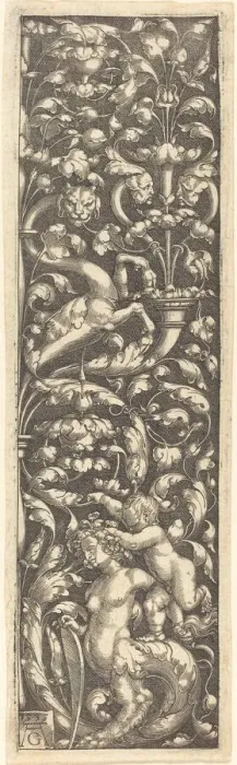 Framed Print : Ornament with a Child on the Back of a Sphinx, 1535. Creator: Heinrich Aldegrever