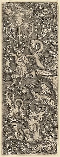 Ornament with a Cupid, a Satyr, and Grotesque Figures. Creator: Master of the Horse Heads