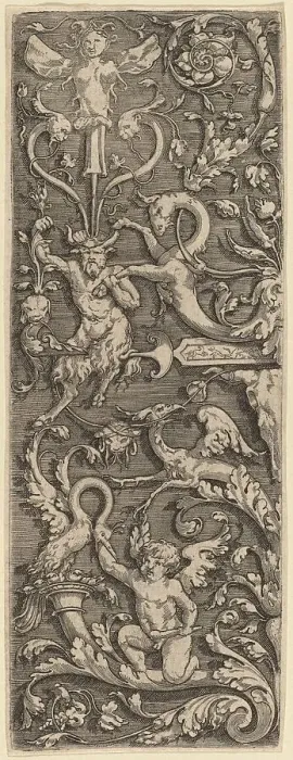 Framed Print : Ornament with a Cupid, a Satyr, and Grotesque Figures. Creator: Master of the Horse Heads Framed Print : Ornament with a Cupid, a Satyr, and Grotesque Figures. Creator: Master of the Horse Heads