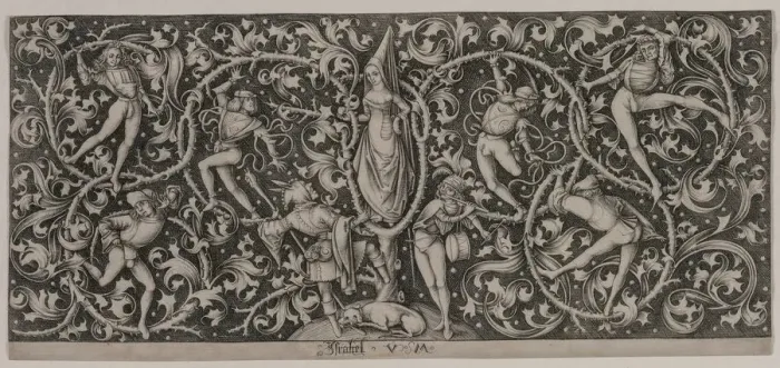 Framed Print : Ornament with Dance of the Lovers. Creator: Israhel van Meckenem (German, c. 1440-1503) Framed Print : Ornament with Dance of the Lovers. Creator: Israhel van Meckenem (German, c. 1440-1503)