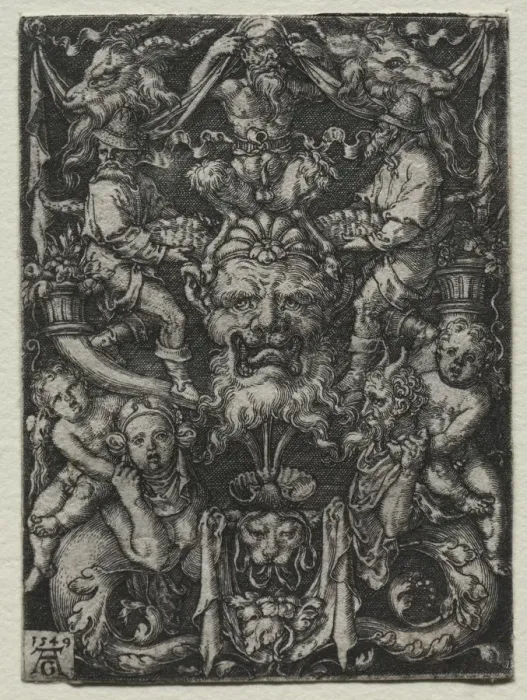 Framed Print : Ornament Design with a Mask, A Couple of Tritons, and Two Children Below, 1549. Creator Framed Print : Ornament Design with a Mask, A Couple of Tritons, and Two Children Below, 1549. Creator