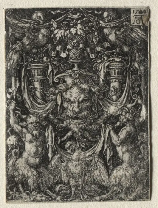 Framed Print : Ornament Design with a Mask and an Eagle between Two Fauns Below, 1509 Framed Print : Ornament Design with a Mask and an Eagle between Two Fauns Below, 1509