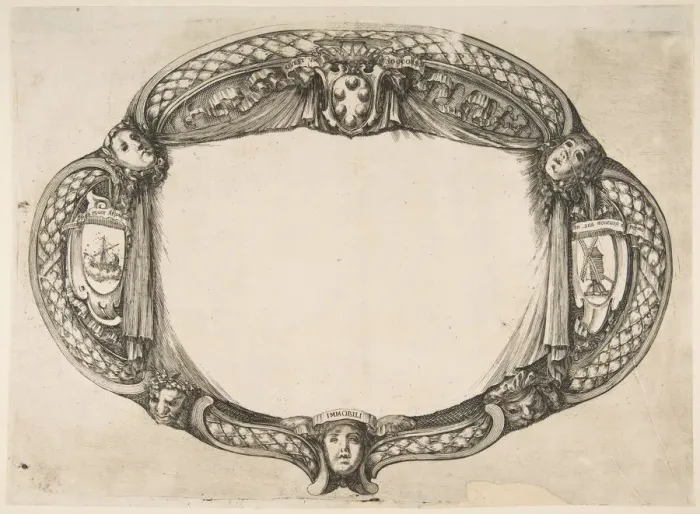 Framed Print : Ornament Design for a Thesis on the Device: Quest un soccorso, ca. 1656 Framed Print : Ornament Design for a Thesis on the Device: Quest un soccorso, ca. 1656