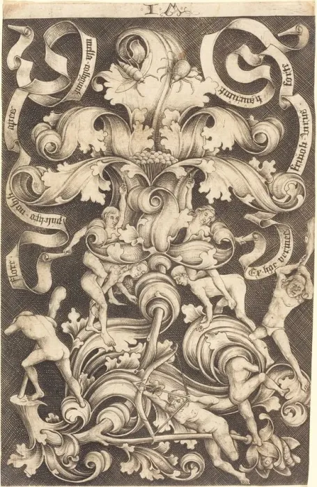 Framed Print : Ornament with Flower and Eight Wild Folk. Creator: Israhel van Meckenem Framed Print : Ornament with Flower and Eight Wild Folk. Creator: Israhel van Meckenem