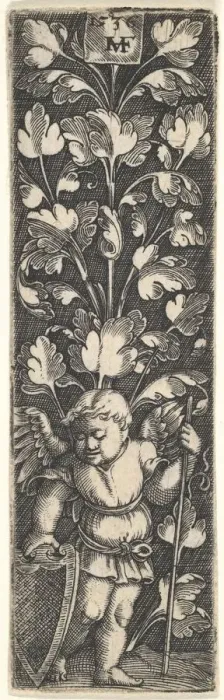 Framed Print : Ornament with a Genius Holding a Shield, 1536. Creator: Master MVHF Framed Print : Ornament with a Genius Holding a Shield, 1536. Creator: Master MVHF