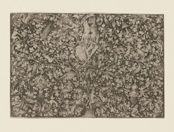 Framed Print : Ornament with two lovers, c.1495. Creator: Meckenem, Israhel van, the Younger (around 1440-1503) Framed Print : Ornament with two lovers, c.1495. Creator: Meckenem, Israhel van, the Younger (around 1440-1503)