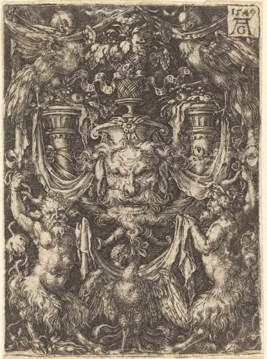 Framed Print : Ornament with Mask, Eagle between Satyrs Below, 1549. Creator: Heinrich Aldegrever Framed Print : Ornament with Mask, Eagle between Satyrs Below, 1549. Creator: Heinrich Aldegrever