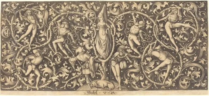 Framed Print : Ornament with Morris Dancers, c. 1490 / 1500. Creator: Israhel van Meckenem Framed Print : Ornament with Morris Dancers, c. 1490 / 1500. Creator: Israhel van Meckenem