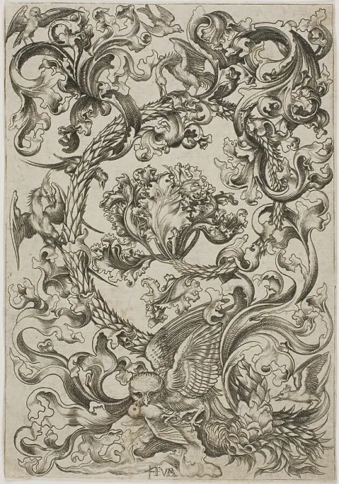 Framed Print : Ornament with Owl Mocked by Day Birds, c.1480. Creator: Master FVB Framed Print : Ornament with Owl Mocked by Day Birds, c.1480. Creator: Master FVB