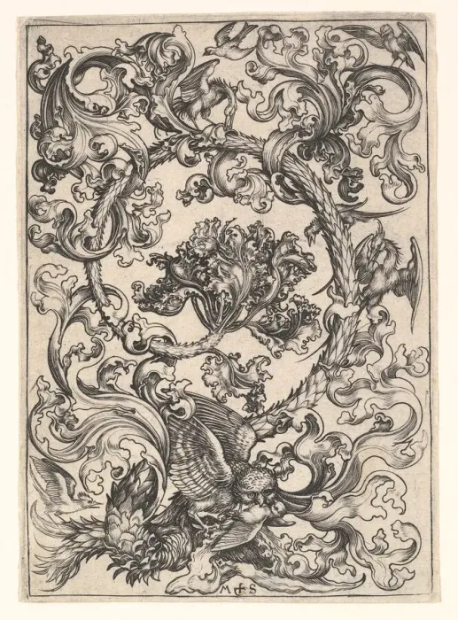 Framed Print : Ornament with Owl Mocked by Day Birds, ca. 1435-1491. Creator: Martin Schongauer Framed Print : Ornament with Owl Mocked by Day Birds, ca. 1435-1491. Creator: Martin Schongauer