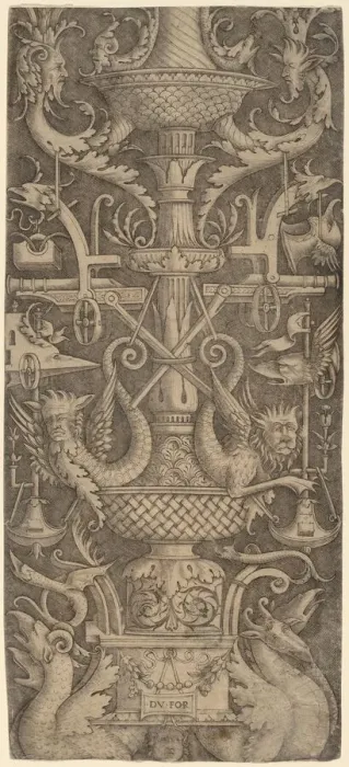 Framed Print : Ornament Panel with Dragons, Masks, and Instruments of War, c. 1505. Creator: Zoan Andrea Framed Print : Ornament Panel with Dragons, Masks, and Instruments of War, c. 1505. Creator: Zoan Andrea