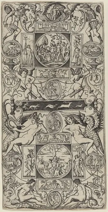 Framed Print : Ornament Panel with Orpheus and the Judgment of Paris, c. 1507. Creator: Nicoletto da Modena Framed Print : Ornament Panel with Orpheus and the Judgment of Paris, c. 1507. Creator: Nicoletto da Modena