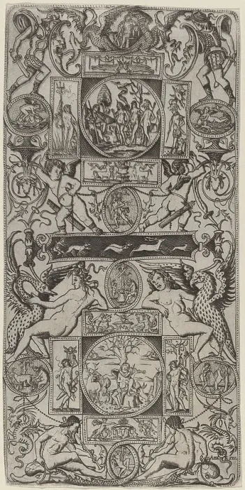 Framed Print : Ornament Panel with Orpheus and the Judgment of Paris, c. 1507. Creator: Nicoletto da Modena Framed Print : Ornament Panel with Orpheus and the Judgment of Paris, c. 1507. Creator: Nicoletto da Modena