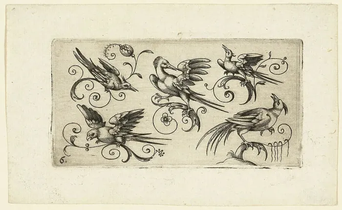 Framed Print : Ornament Panels with Birds: Plate 6, 1617. Creator: Adrian Muntink Framed Print : Ornament Panels with Birds: Plate 6, 1617. Creator: Adrian Muntink