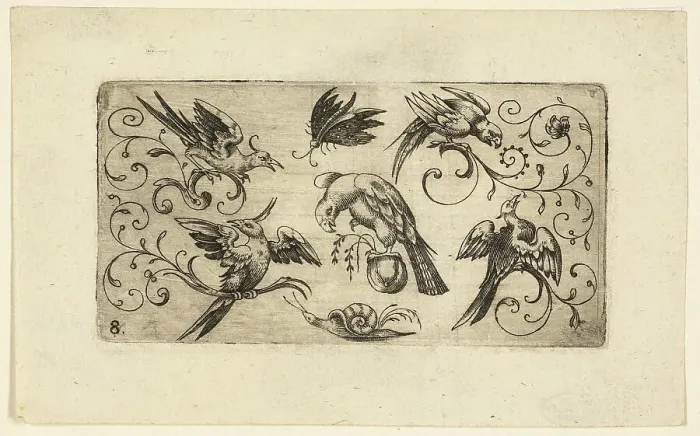 Framed Print : Ornament Panels with Birds: Plate 8, 1617. Creator: Adrian Muntink