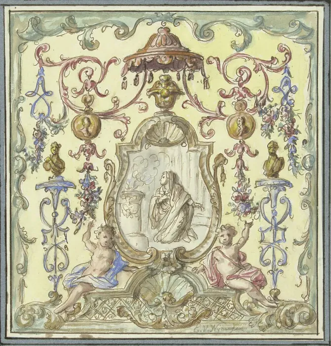 Framed Print : Ornament with sacrificial Vestal Virgin, 1677-1755. Creator: Elias van Nijmegen Framed Print : Ornament with sacrificial Vestal Virgin, 1677-1755. Creator: Elias van Nijmegen