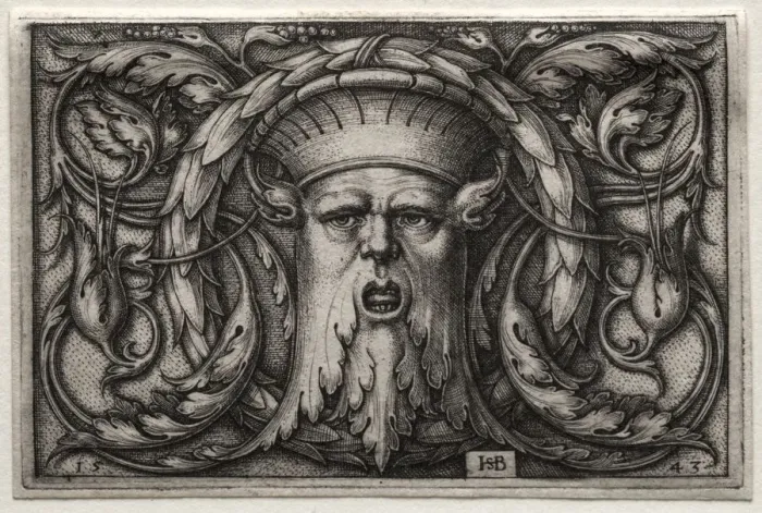 Framed Print : Ornament of Satyrs Head and Wreath, 1543. Creator: Hans Sebald Beham (German, 1500-1550) Framed Print : Ornament of Satyrs Head and Wreath, 1543. Creator: Hans Sebald Beham (German, 1500-1550)