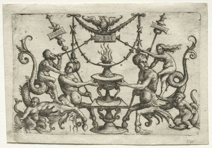 Framed Print : Ornament with Siren and Triton. Creator: Daniel I Hopfer (German, c. 1470-1536) Framed Print : Ornament with Siren and Triton. Creator: Daniel I Hopfer (German, c. 1470-1536)