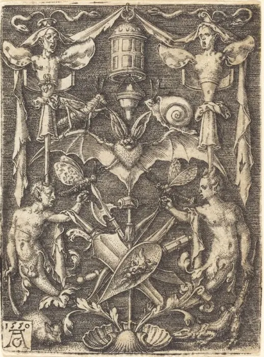 Framed Print : Ornament with Trophy of Arms, 1550. Creator: Heinrich Aldegrever Framed Print : Ornament with Trophy of Arms, 1550. Creator: Heinrich Aldegrever