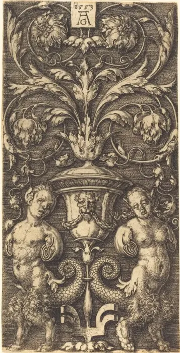 Framed Print : Ornament with Vase and Two Female Figures, 1553. Creator: Heinrich Aldegrever Framed Print : Ornament with Vase and Two Female Figures, 1553. Creator: Heinrich Aldegrever