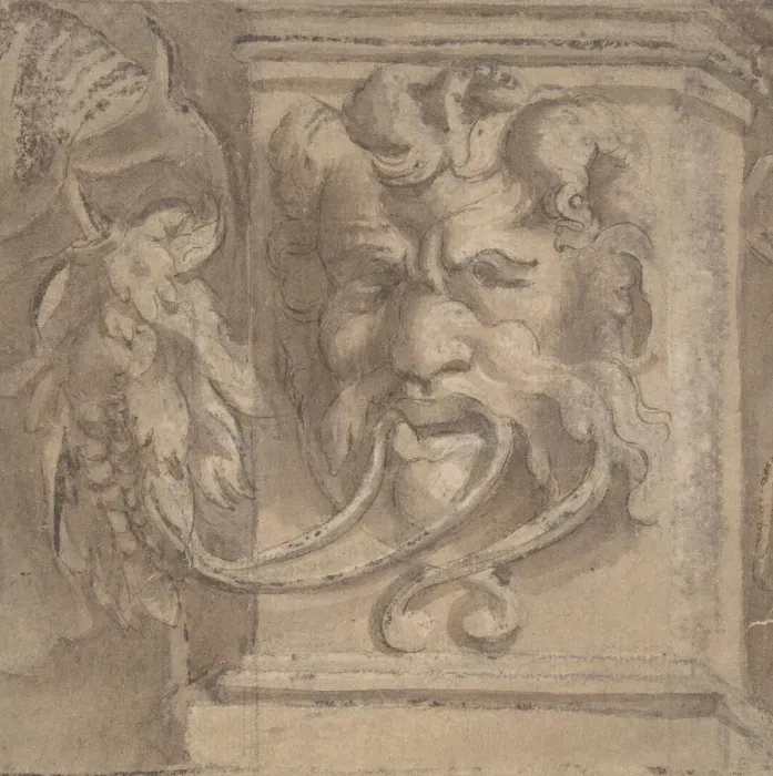 Framed Print : Ornamental Design with Antique-style Mask, 1550-1600. Creator: Anon Framed Print : Ornamental Design with Antique-style Mask, 1550-1600. Creator: Anon