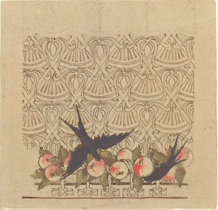 Framed Print : Ornamental design with two birds pecking at fruit, c.1890s. Creator: Karel Vitezslav Masek