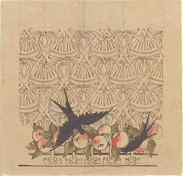 Ornamental design with two birds pecking at fruit, c.1890s. Creator: Karel Vitezslav Masek