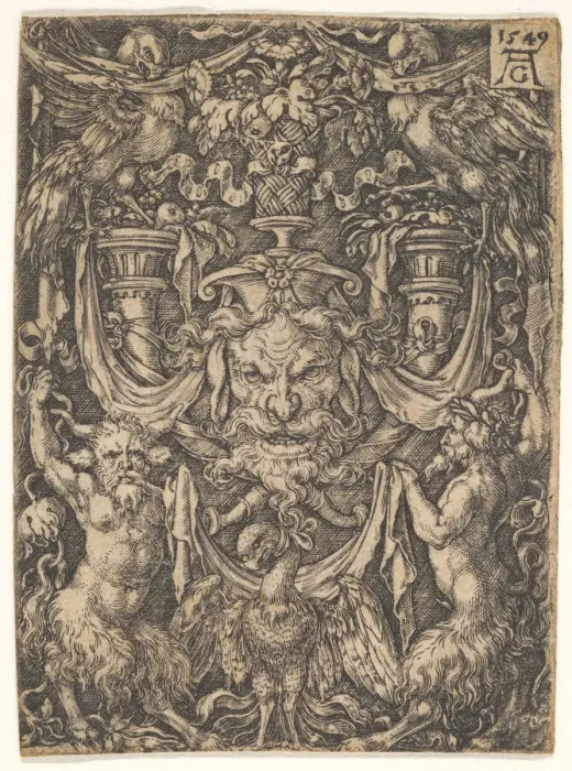 Framed Print : Ornamental Design with a Mask and an Eagle between Two Fauns below, 1549 Framed Print : Ornamental Design with a Mask and an Eagle between Two Fauns below, 1549