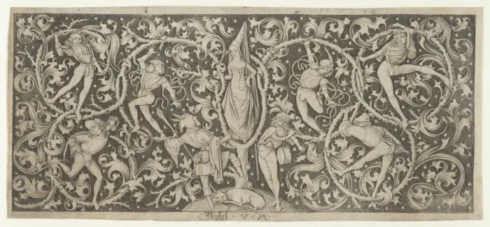 Framed Print : Ornamental Engraving with Morris Dancers. Creator: Israhel van Meckenem Framed Print : Ornamental Engraving with Morris Dancers. Creator: Israhel van Meckenem