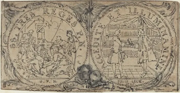 Framed Print : Ornamental Medallions with the Adoration of the Magi and Two Bibliophiles. Creator: Hubert Francois Gravelot Framed Print : Ornamental Medallions with the Adoration of the Magi and Two Bibliophiles. Creator: Hubert Francois Gravelot
